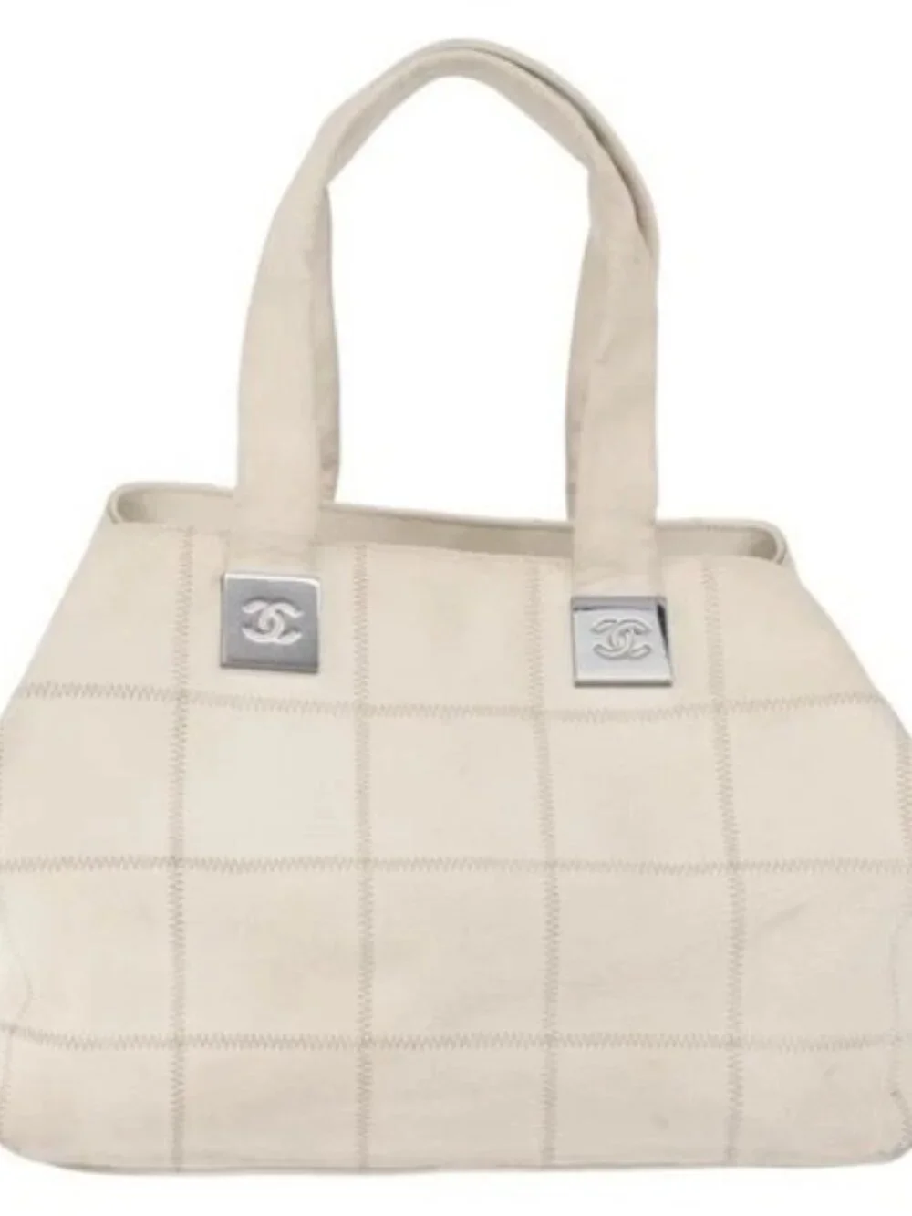 CHANEL Choco Bar Hand Bag Leather White Silver CC Auth 178206